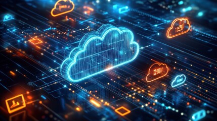Poster - Blue and Orange Cloud Computing Concept on Circuit Board Background