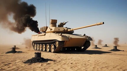 generic military armored vehicle crosses minefields and smoke in the desert created with generative ai