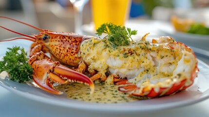 Close-up of a delicious lobster dish with creamy sauce, garnished with parsley, on a white plate.