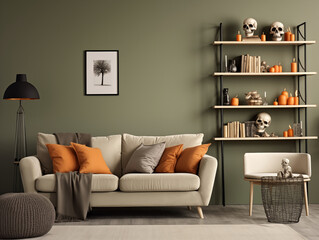 Scandinavian scandi modern minimalist cozy living room interior with fall decor. Neutral sage walls and couch with orange pillows