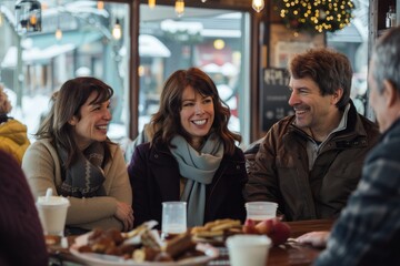 Group of friends having a good time in a pub on a winter day