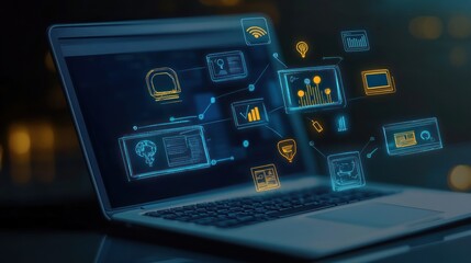 Poster - Laptop Screen Displaying Blue and Yellow Digital Icons