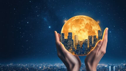 Two Hands Holding a Night City Within a Glowing Moon