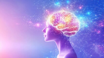 Poster - A Glowing Human Head with a Detailed Brain Inside Surrounded by Brightly Colored Lines and Dots
