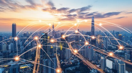 Fototapete - Illuminated Cityscape with Networked Connections at Sunset