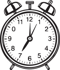 black and white illustration of an alarm clock with the hands pointing to 12:05. The clock is drawn in a simple stylized manner giving it a vintage look.