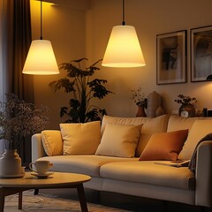 Two modern pendant lights hang above a couch in a living room with warm light illuminating the space.