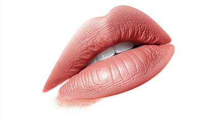 a single, elegant lips of baby peach lipstick on white background, with soft color gradients and subtle sheen to highlight the texture and glossiness of lip makeup