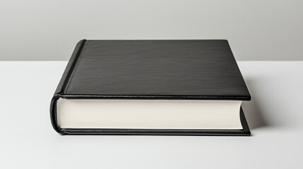 A close-up of a black hardcover book resting on a white surface, emphasizing its texture and simplicity against a light background.