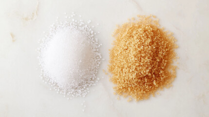 Wall Mural - sugar or brown sugar: a close-up, top-down view of granulated sugar and brown sugar in small piles, placed side by side with a slight gap on a light neutral background