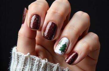 Elegant holiday nail art featuring festive designs with a Christmas tree, sparkling red color, and warm sweater backdrop