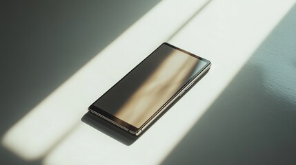 A modern smartphone with a black frame lies on a white surface. The sunlight casts diagonal shadows on the device.