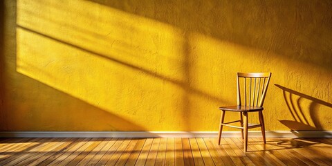 Bright yellow textured wall with sunlight casting long shadows wooden floor and a rustic chair in the corner High Angle