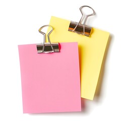 Pink and yellow sticky notes with paper clip on white background