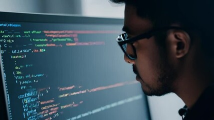 Software developer analyzing code on computer screen