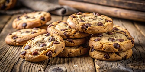 Wall Mural - chocolate chip cookies on wooden background with selective focus