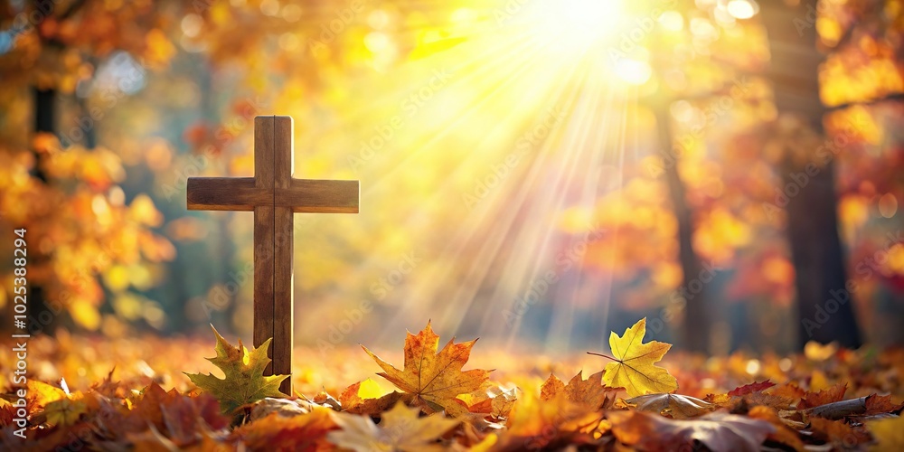 Christian cross with sunlight on autumn leaves background の Stock イラスト ...