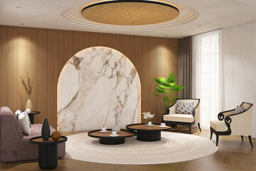 Wall Mural - 3d render of minimal tropical interior design of living room green ambience with arc panel wall, parquet floor and white ceiling. Set 6