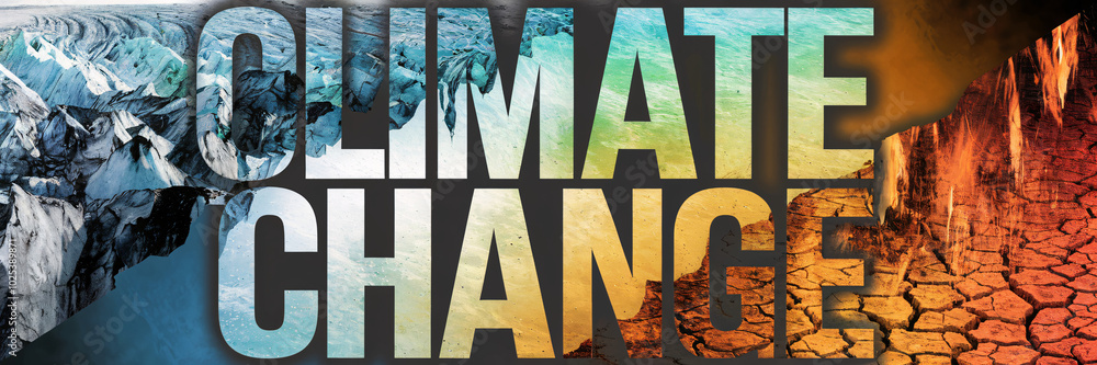 "Climate Change" text with a split background showing melting glaciers ...