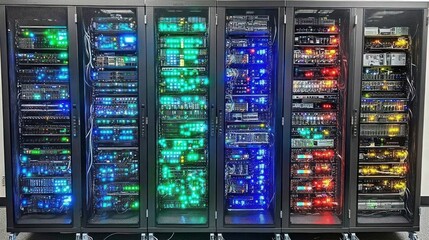 Poster - A row of server racks with colorful lights illuminating the internal components.