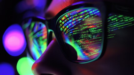Aufkleber - A Person's Face Reflected in Glasses, Revealing a Screen Displaying Green Code