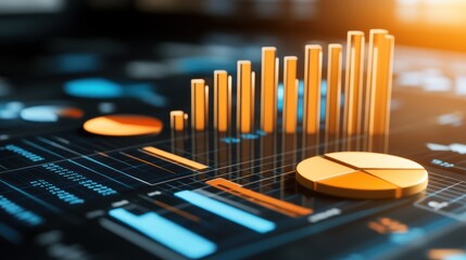 Leinwandbilder - Golden Bar Graph and Pie Chart on a Digital Display