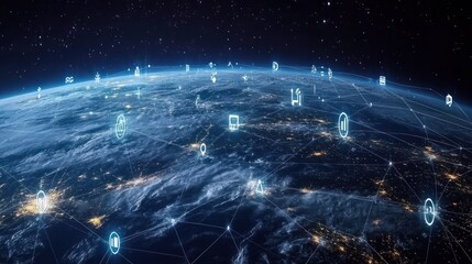 Aufkleber - Global Network with Digital Icons over Earth at Night