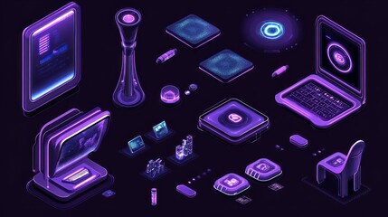 Aufkleber - Isometric Futuristic Neon Purple Technology Interface Icons