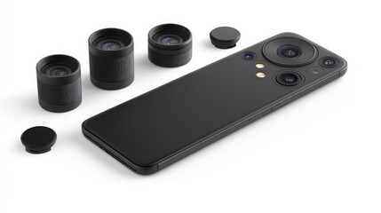 A black smartphone with three lens attachments and two lens caps on a white background.