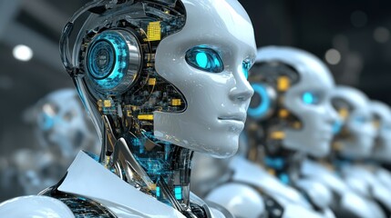 Aufkleber - Close-up of a White Robot's Head with Blue and Yellow Circuits