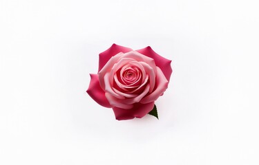 A single pink rose with a light pink center sits on a white background.