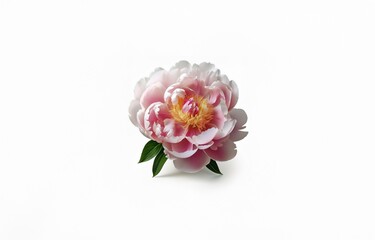 A single pink peony flower with a yellow center and green leaves is isolated on a white background.