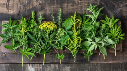 Poster - Fresh Herbs and Green Plants on Wooden Table