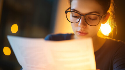 young woman with glasses is seated at desk, intently reading letter in warm, softly lit environment. Her focused expression conveys curiosity and contemplation