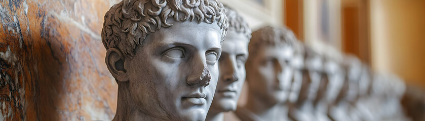 row of marble busts display their intricate details in a museum