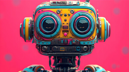 Wall Mural - Colorful Retro Robot with Big Eyes Poses Against a Vibrant Background