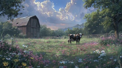 Canvas Print - Scenic Farm Landscape with Cow and Wildflowers