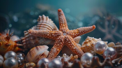 Poster - Starfish Among Shells and Pearls on Ocean Floor