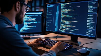 A Programmer Working Late at Night with Two Monitors Displaying Code