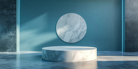 Wall Mural - 3d room with gradient blue wall and empty floor: marble or concrete textured stand for product displ
