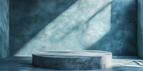 Wall Mural - 3d room with gradient blue wall and empty floor: marble or concrete textured stand for product displ