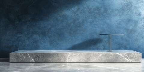 Wall Mural - 3d room with gradient blue wall and empty floor: marble or concrete textured stand for product displ