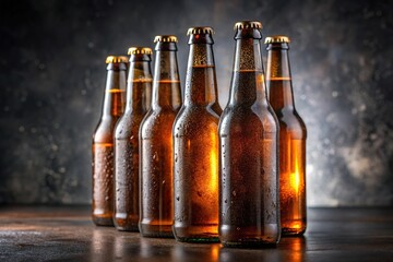 Close-up glass bottles of beer on dark background