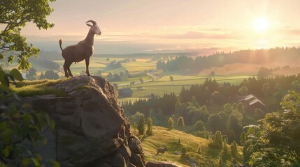 Canvas Print - Goat on a Cliff Overlooking a Scenic Landscape at Sunrise