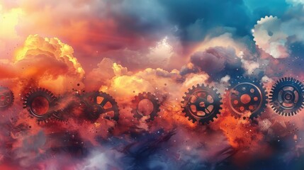 Canvas Print - Abstract Gears in Colorful Cloud Background