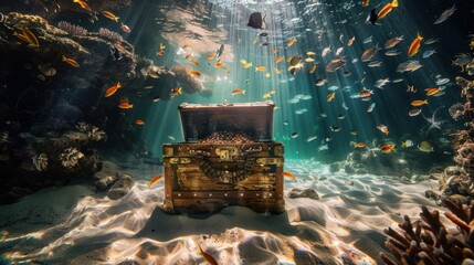 Poster - Underwater Treasure Chest Surrounded by Colorful Fish