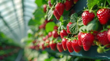 Fresh Strawberries Growing in Greenhouse Farm