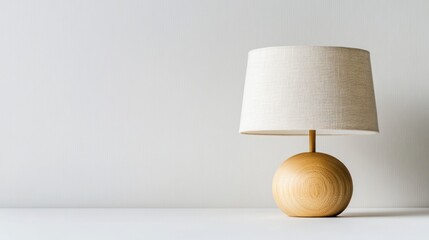 A minimalist wooden table lamp with a white fabric shade against a white background.