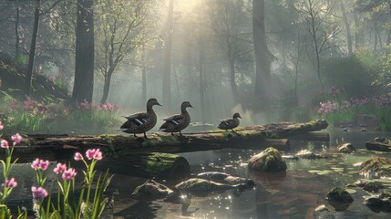 Sticker - Tranquil Forest Scene with Ducks and Misty Surroundings