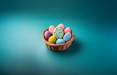 A wicker basket filled with colorful Easter eggs sits on a teal background.